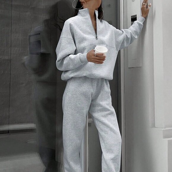 Grey Casual Women's Half Zipper Hoodie And Jogger Pants Two Piece Set - Picture 4 of 7